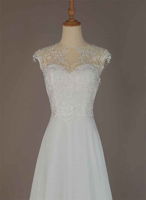 A-Line High Neck Sleeveless Chiffon Sweep Train Wedding Dresses With Lace, image 6