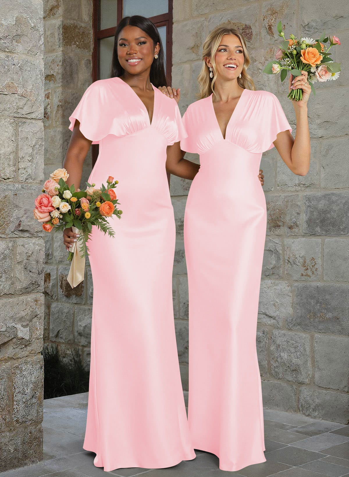 Elegant V-Neck Short Sleeves Floor-Length Stretch Satin Bridesmaid Dresses