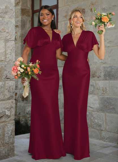 Elegant V-Neck Short Sleeves Floor-Length Stretch Satin Bridesmaid Dresses