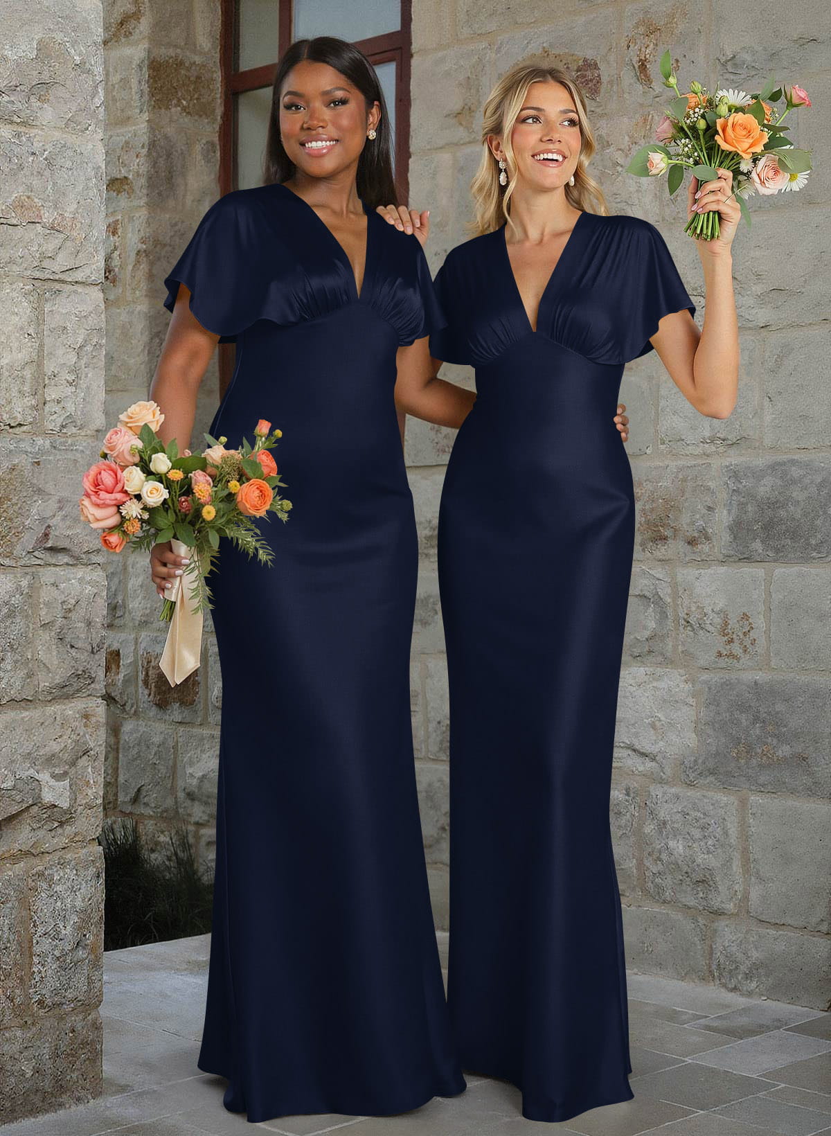 Elegant V-Neck Short Sleeves Floor-Length Stretch Satin Bridesmaid Dresses