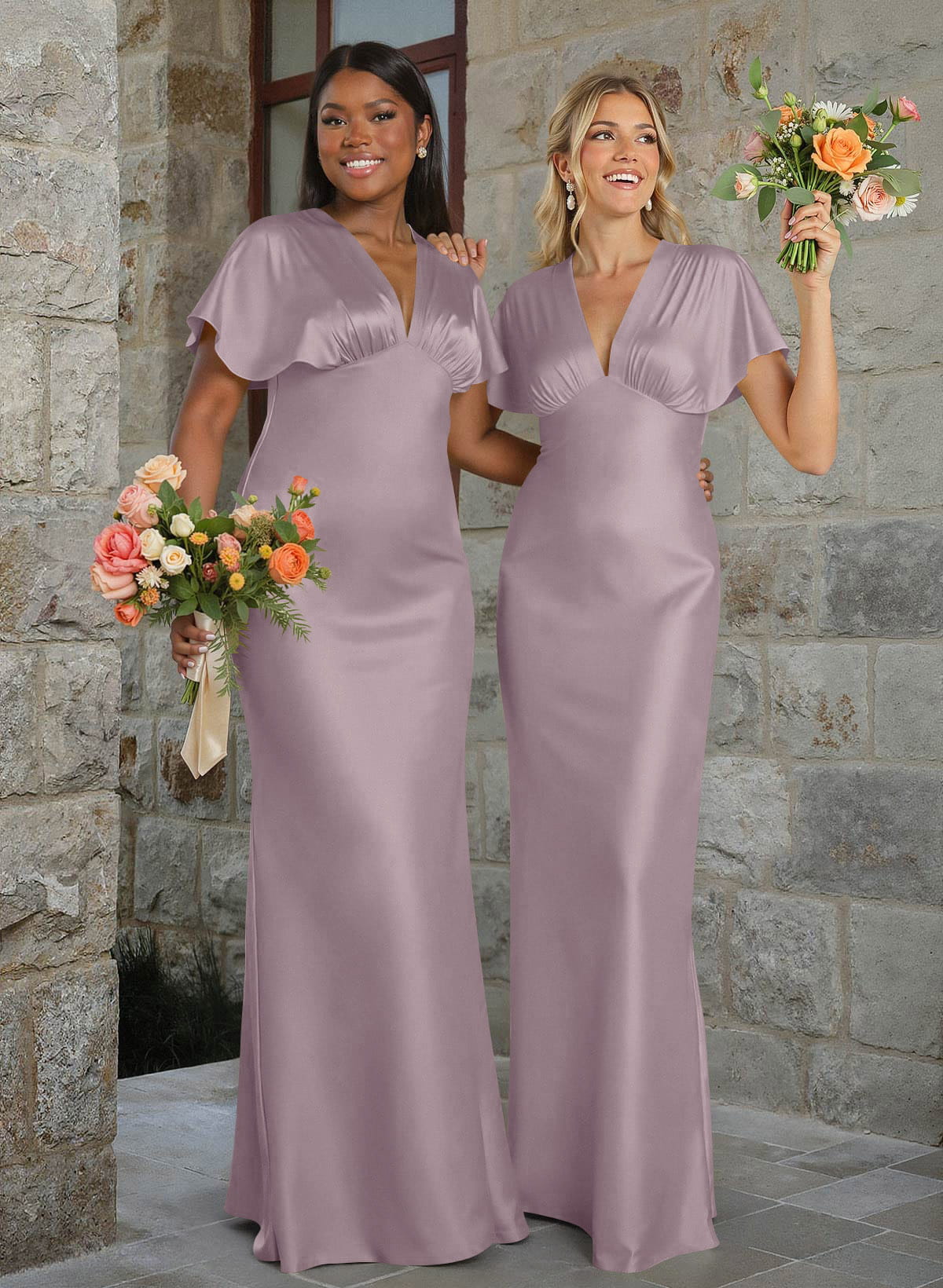 Elegant V-Neck Short Sleeves Floor-Length Stretch Satin Bridesmaid Dresses