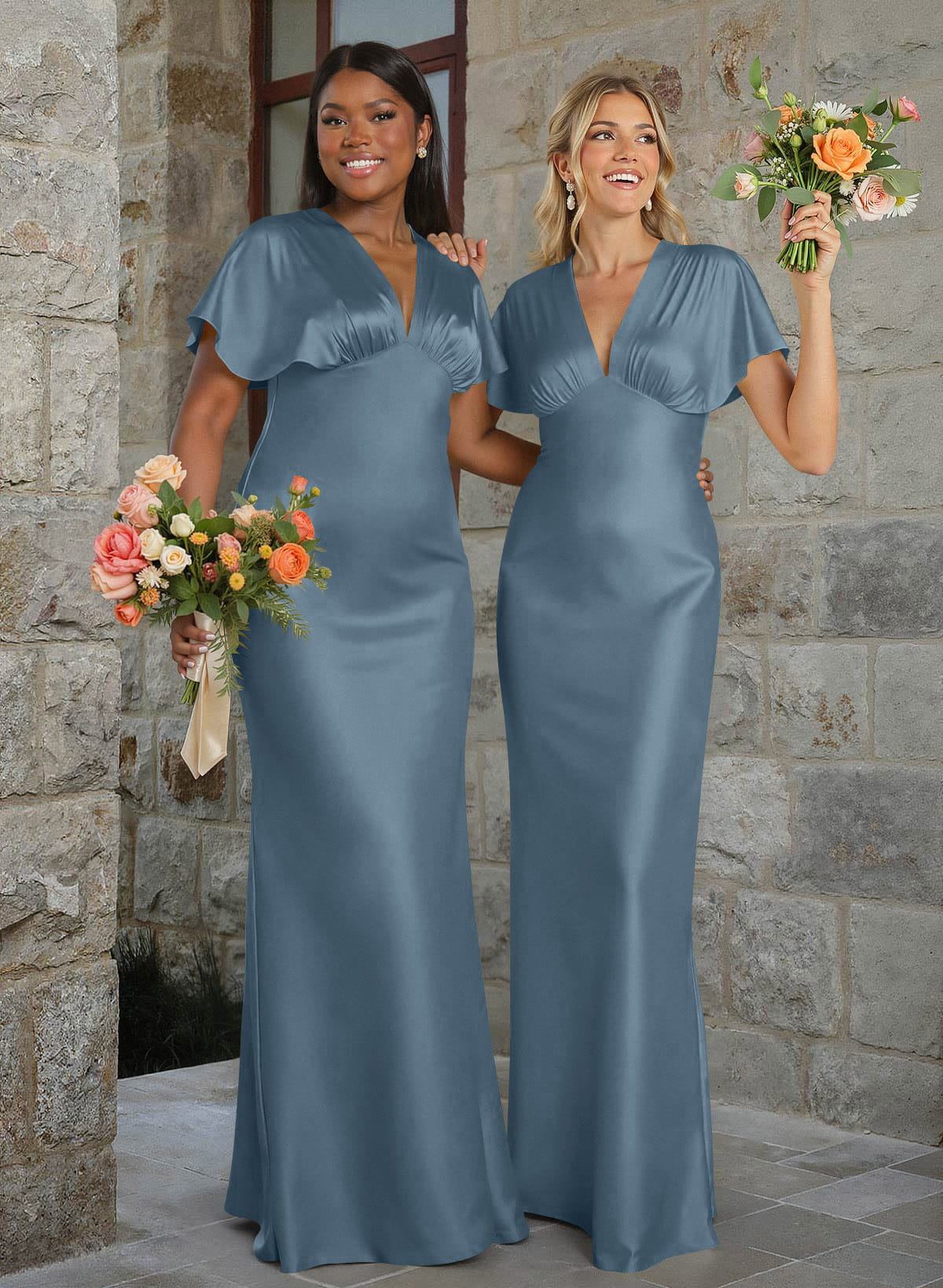 Elegant V-Neck Short Sleeves Floor-Length Stretch Satin Bridesmaid Dresses