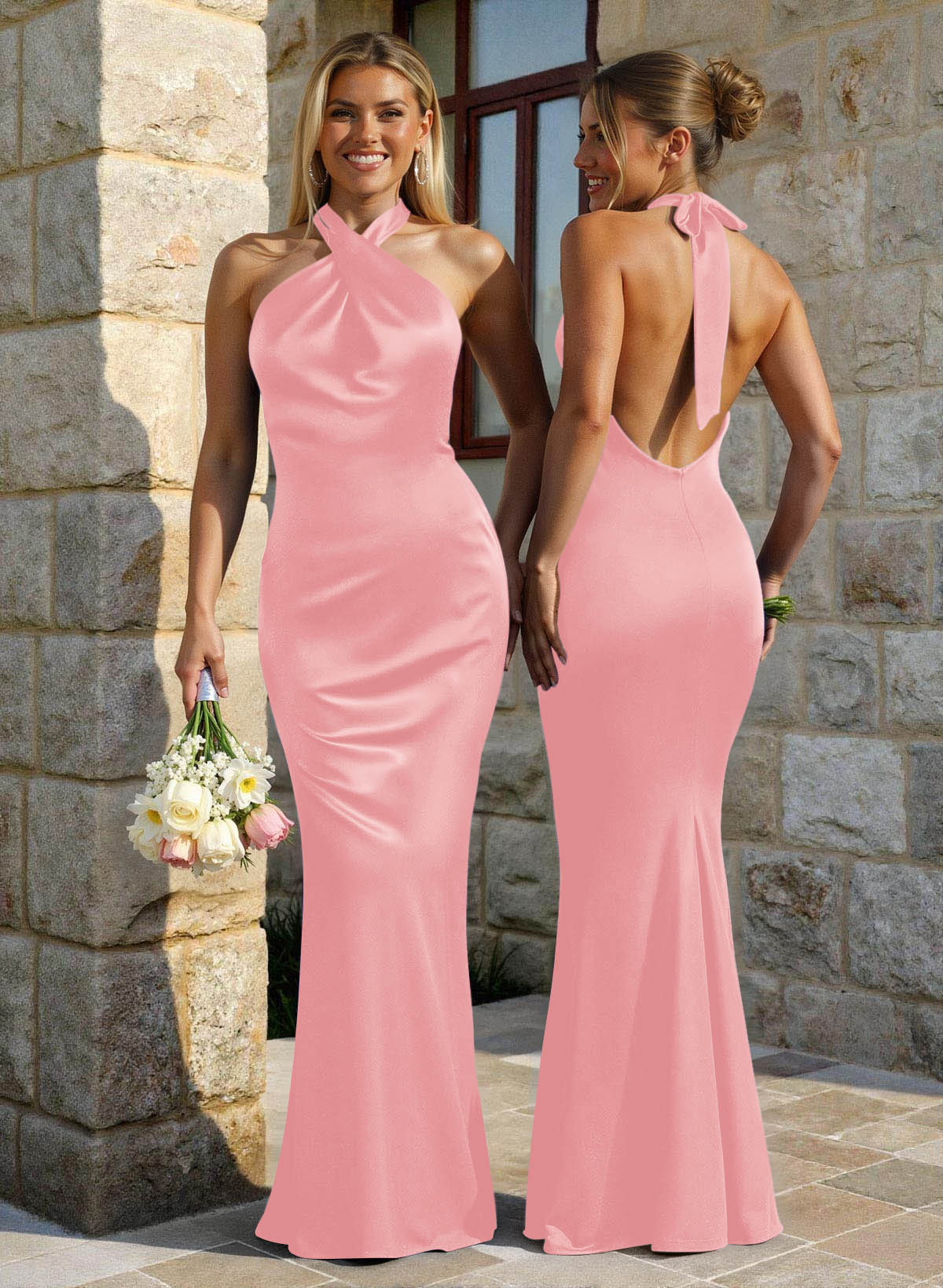 Trumpet/Mermaid Cowl Neck Sleeveless Floor-Length Stretch Satin Bridesmaid Dresses With Back Hole, image 4