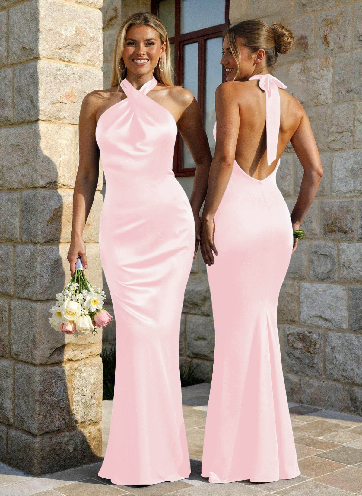 Trumpet/Mermaid Cowl Neck Sleeveless Floor-Length Stretch Satin Bridesmaid Dresses With Back Hole, image 5