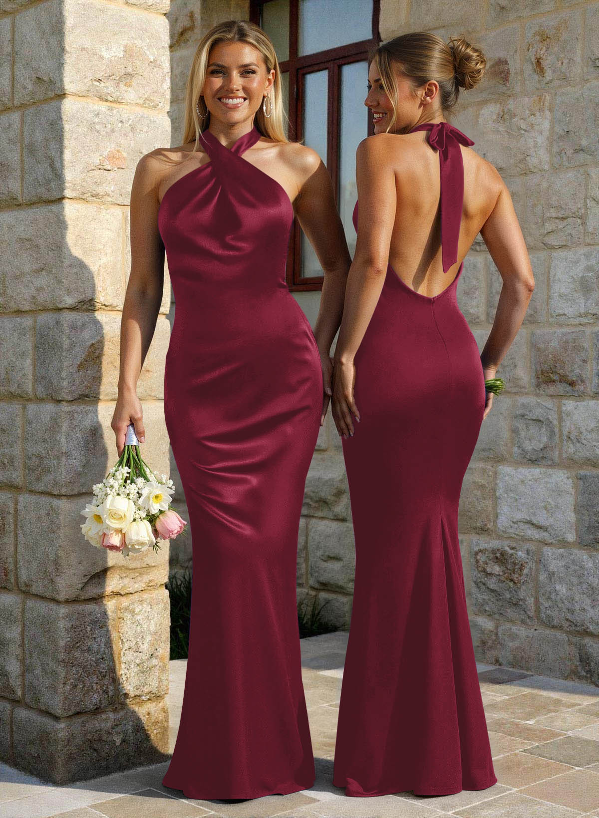 Trumpet/Mermaid Cowl Neck Sleeveless Floor-Length Stretch Satin Bridesmaid Dresses With Back Hole, image 6