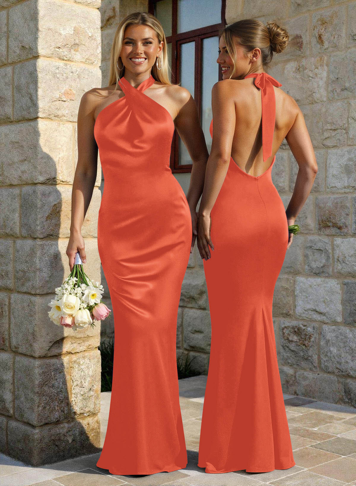 Trumpet/Mermaid Cowl Neck Sleeveless Floor-Length Stretch Satin Bridesmaid Dresses With Back Hole, image 7