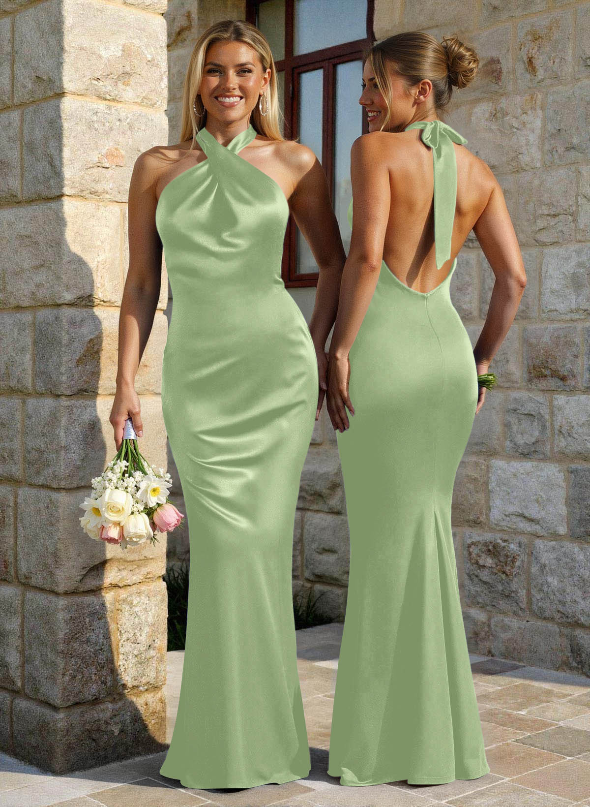 Trumpet/Mermaid Cowl Neck Sleeveless Floor-Length Stretch Satin Bridesmaid Dresses With Back Hole, image 8