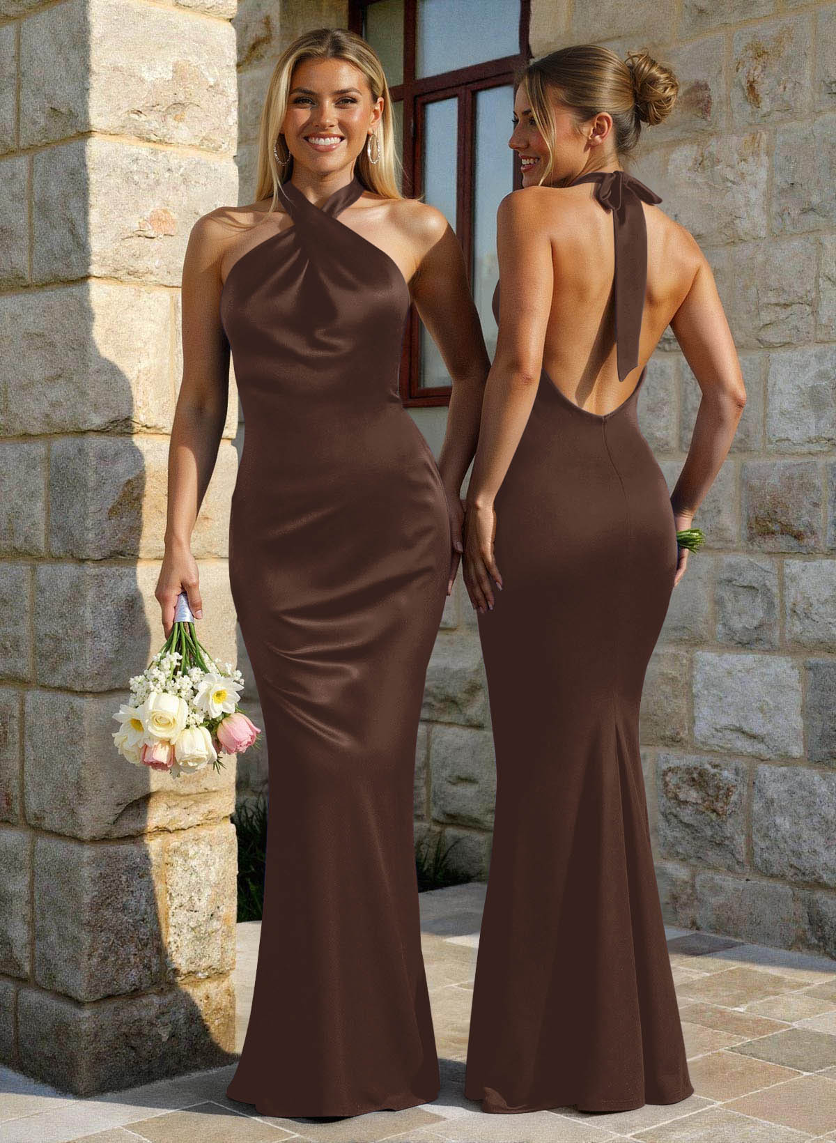 Trumpet/Mermaid Cowl Neck Sleeveless Floor-Length Stretch Satin Bridesmaid Dresses With Back Hole, image 10