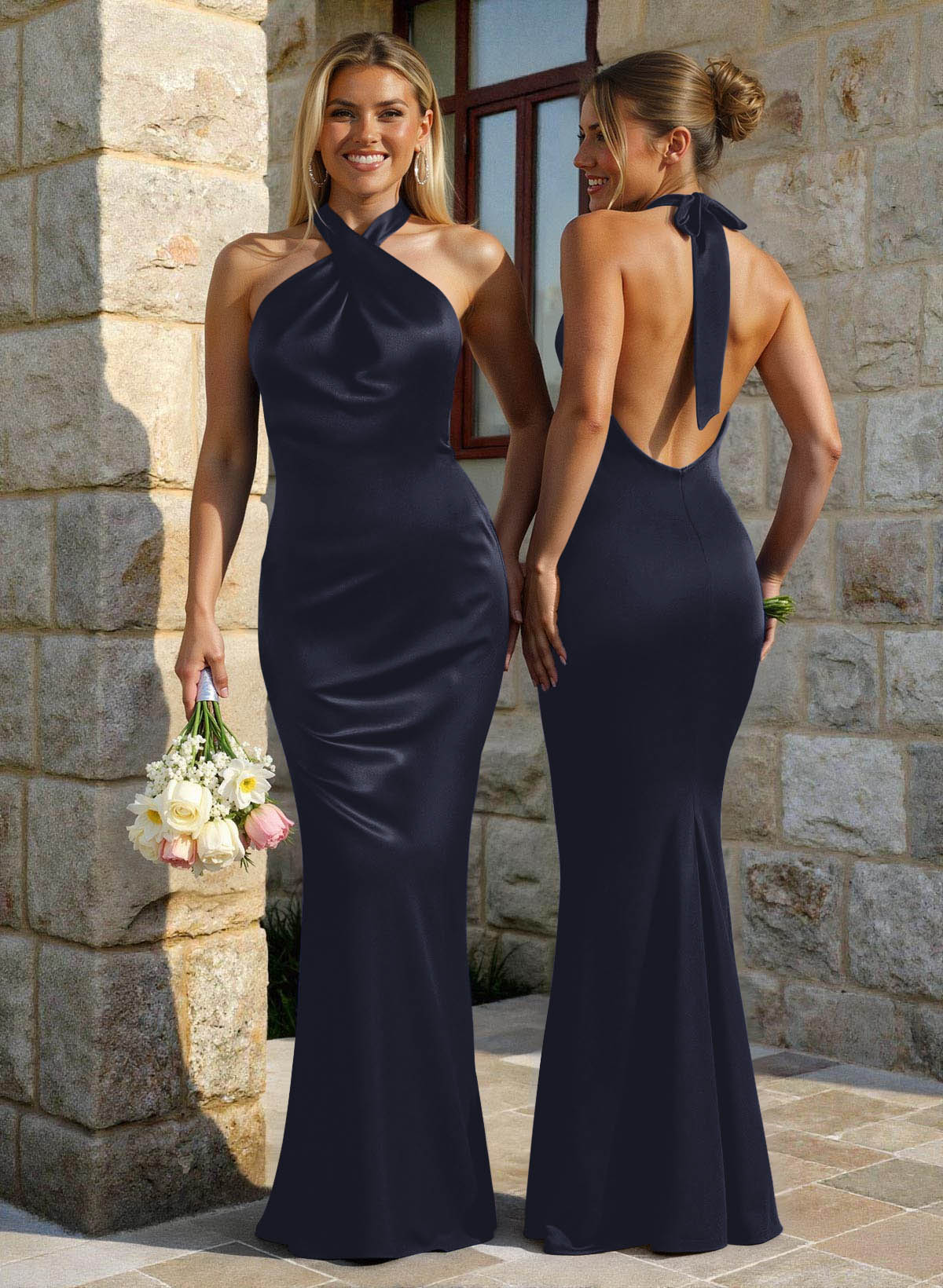 Trumpet/Mermaid Cowl Neck Sleeveless Floor-Length Stretch Satin Bridesmaid Dresses With Back Hole, image 13