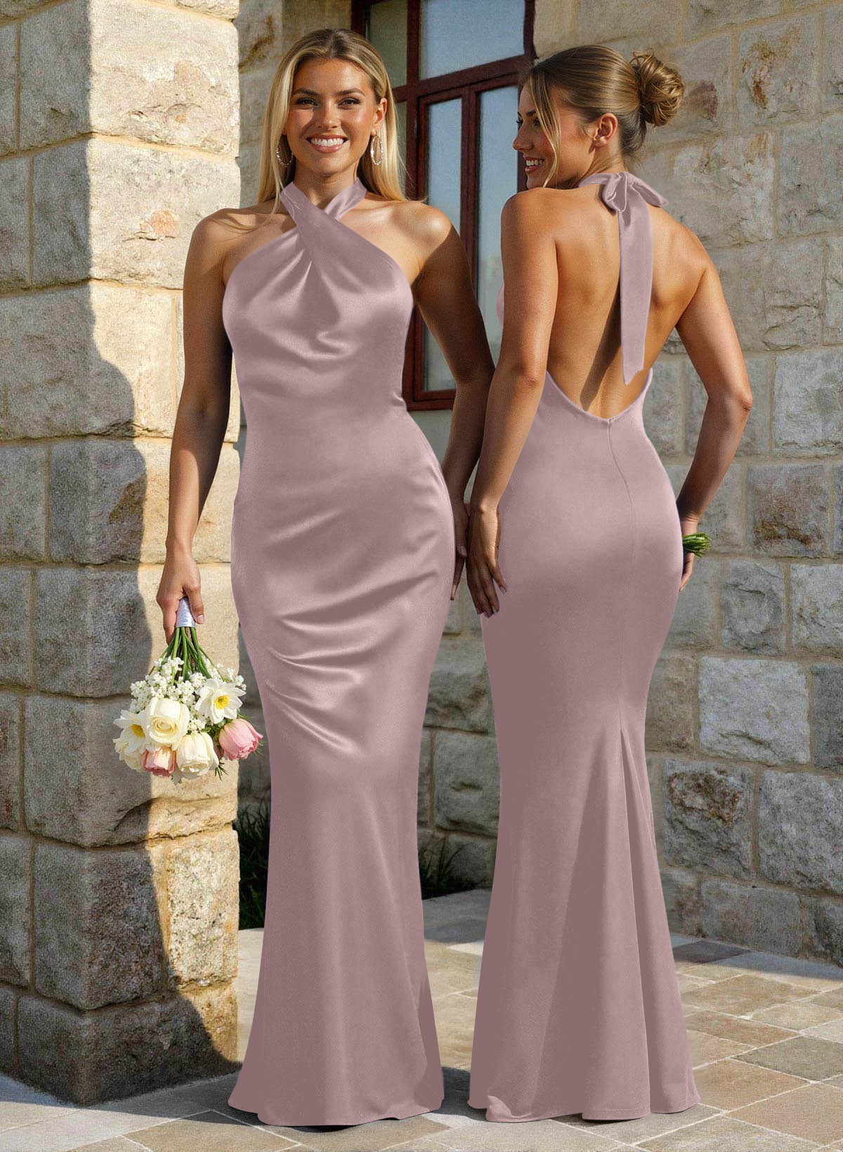 Trumpet/Mermaid Cowl Neck Sleeveless Floor-Length Stretch Satin Bridesmaid Dresses With Back Hole, image 14