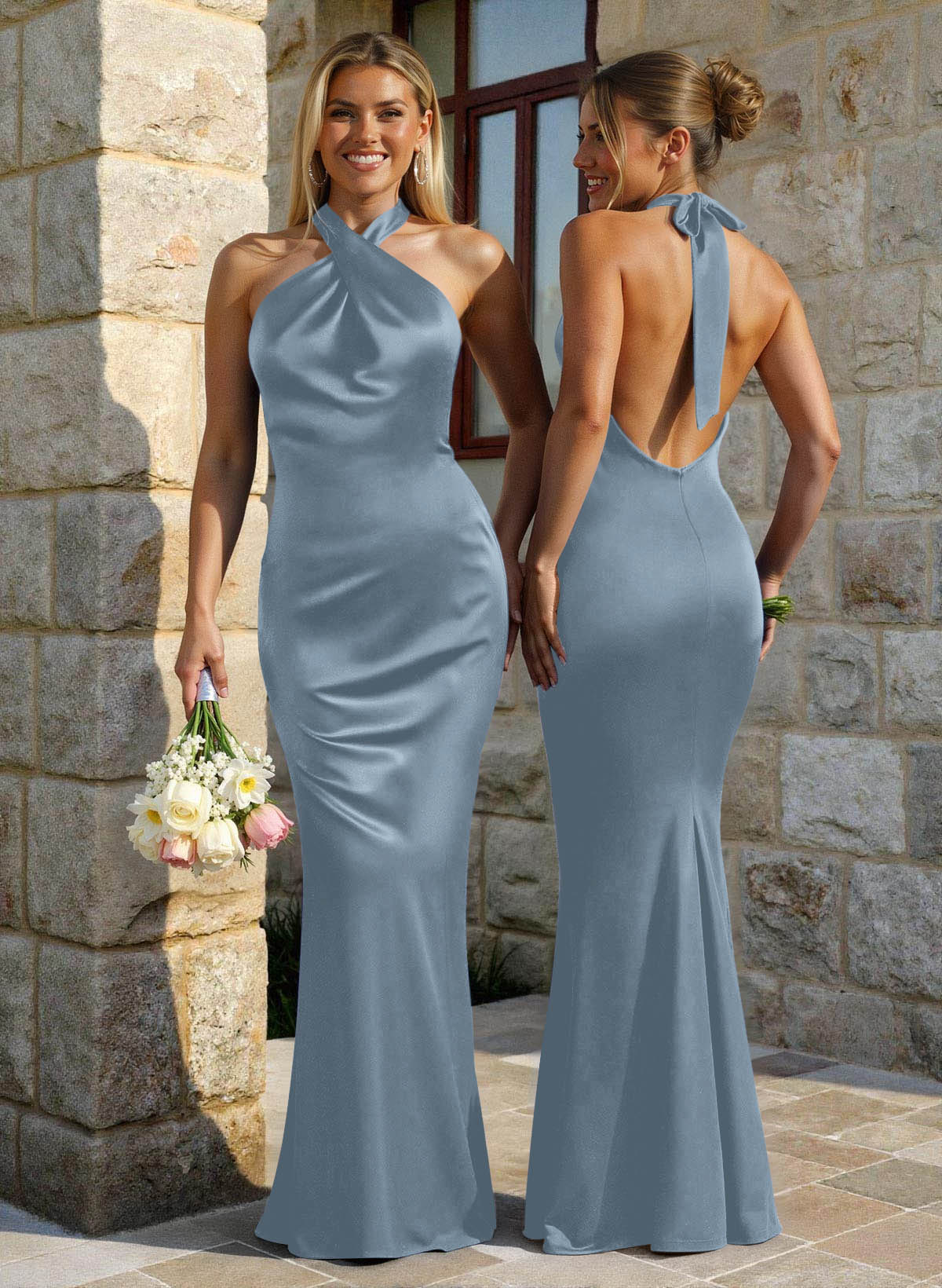 Trumpet/Mermaid Cowl Neck Sleeveless Floor-Length Stretch Satin Bridesmaid Dresses With Back Hole, image 15