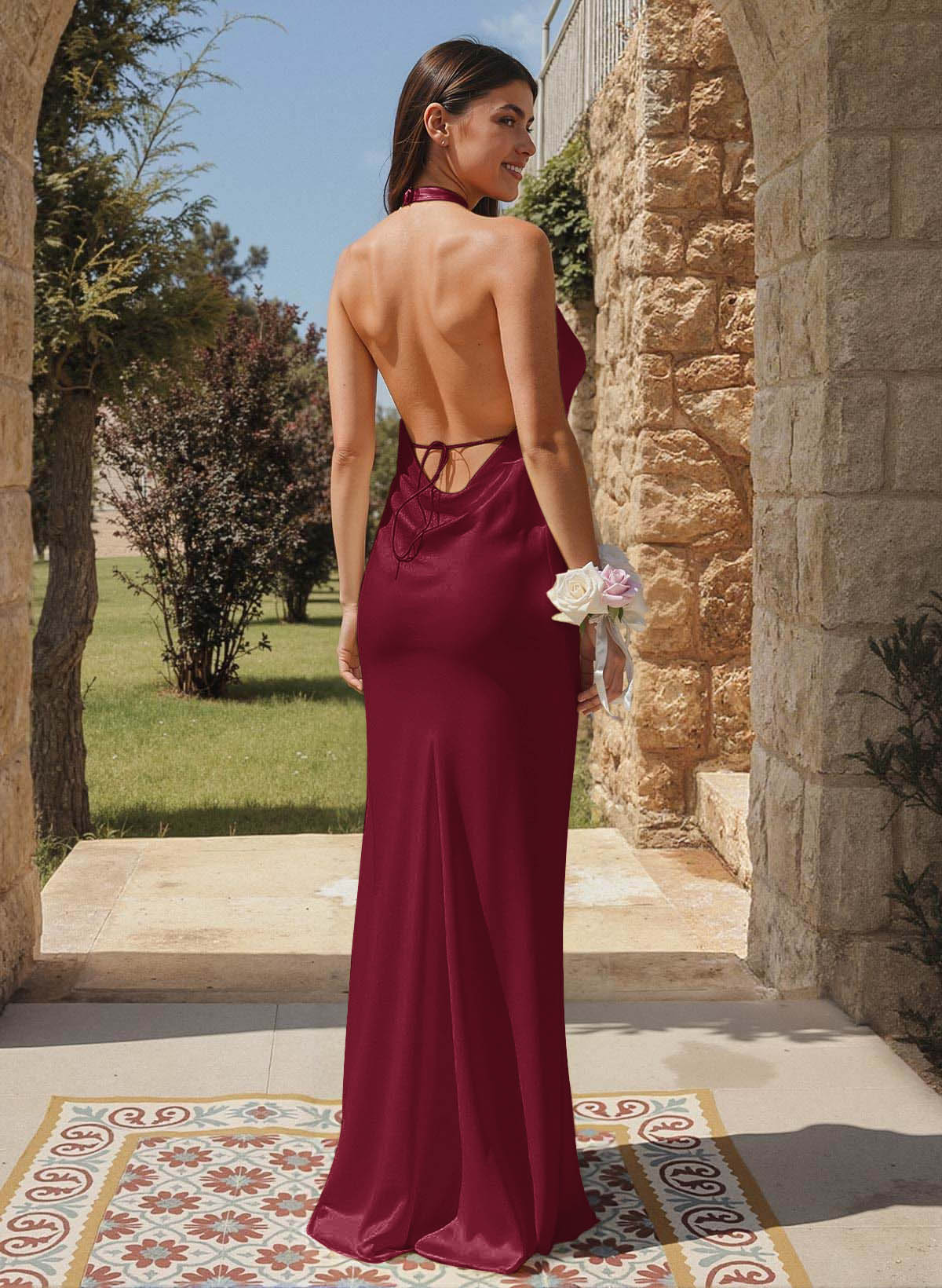 Trumpet/Mermaid Plunge Neck Sweep Train Stretch Satin Bridesmaid Dresses With Back Hole