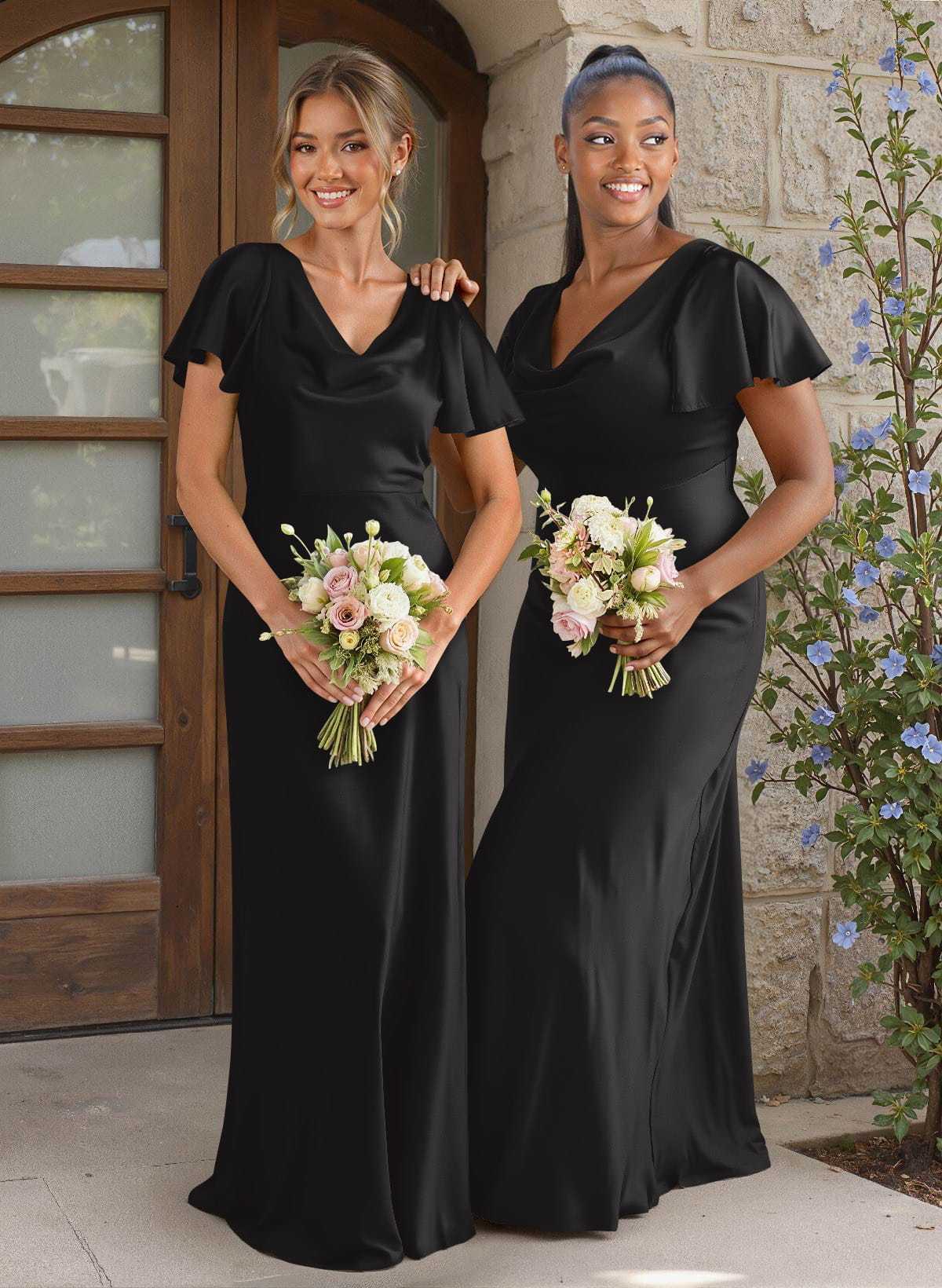 Elegant Cowl Neck Short Sleeves Floor-Length Stretch Satin Bridesmaid Dresses, image 3