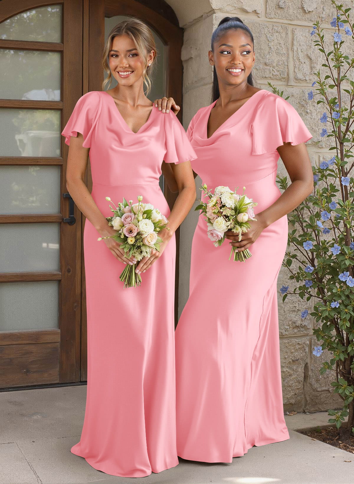 Elegant Cowl Neck Short Sleeves Floor-Length Stretch Satin Bridesmaid Dresses, image 4