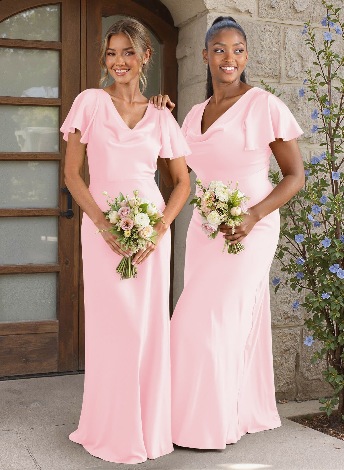 Elegant Cowl Neck Short Sleeves Floor-Length Stretch Satin Bridesmaid Dresses, image 5