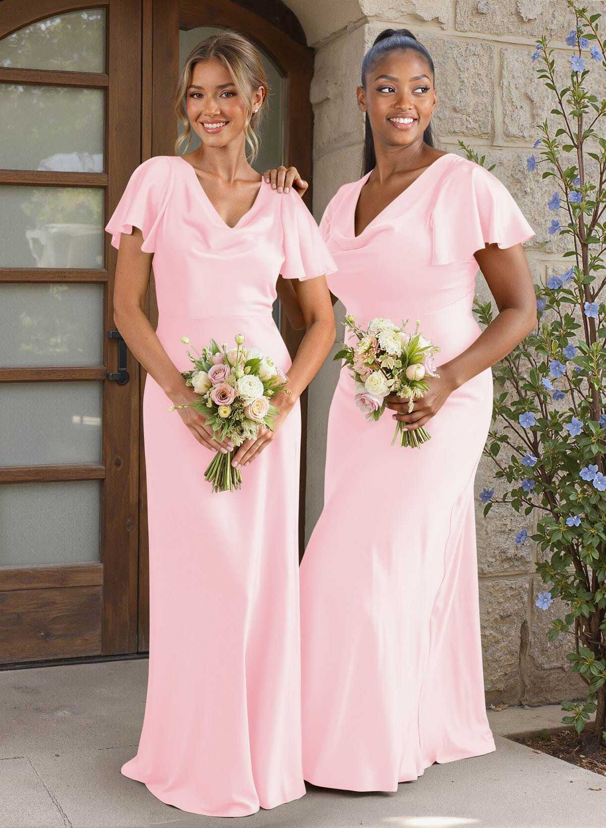 Elegant Cowl Neck Short Sleeves Floor-Length Stretch Satin Bridesmaid Dresses, image 5