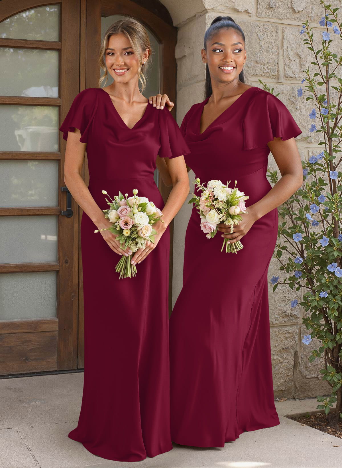 Elegant Cowl Neck Short Sleeves Floor-Length Stretch Satin Bridesmaid Dresses, image 6