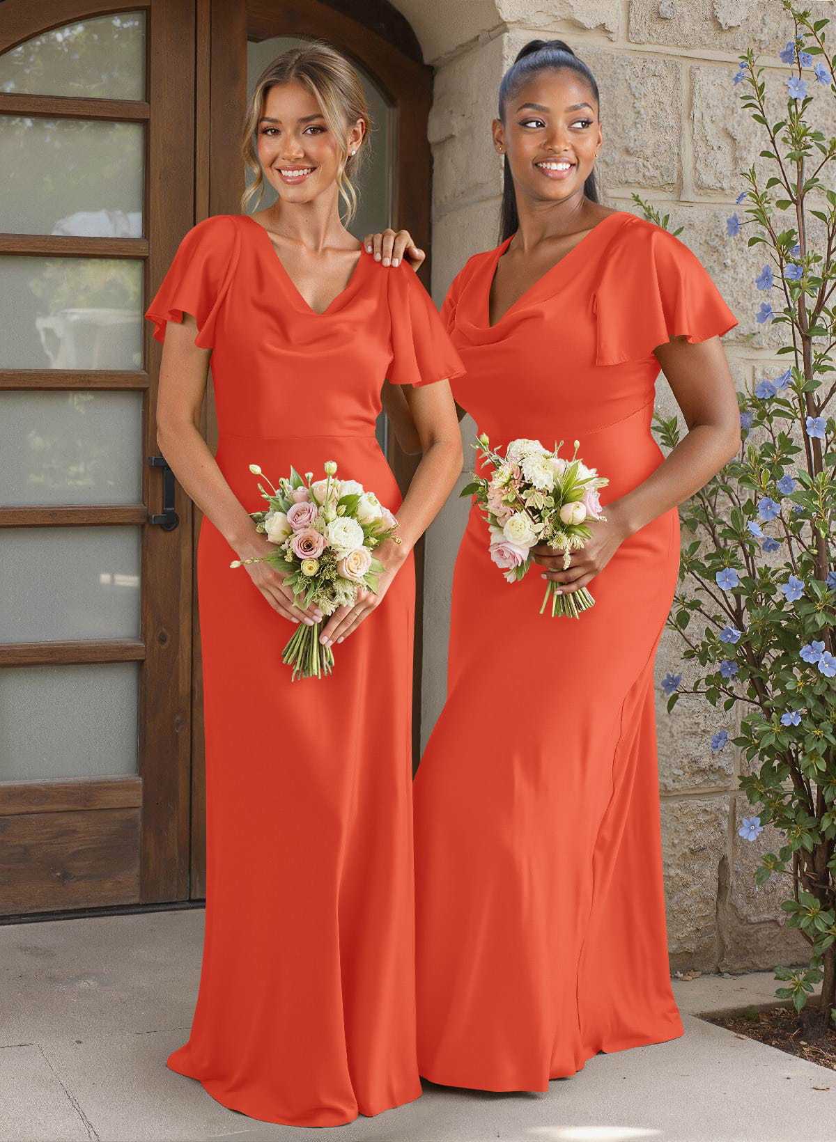 Elegant Cowl Neck Short Sleeves Floor-Length Stretch Satin Bridesmaid Dresses, image 7
