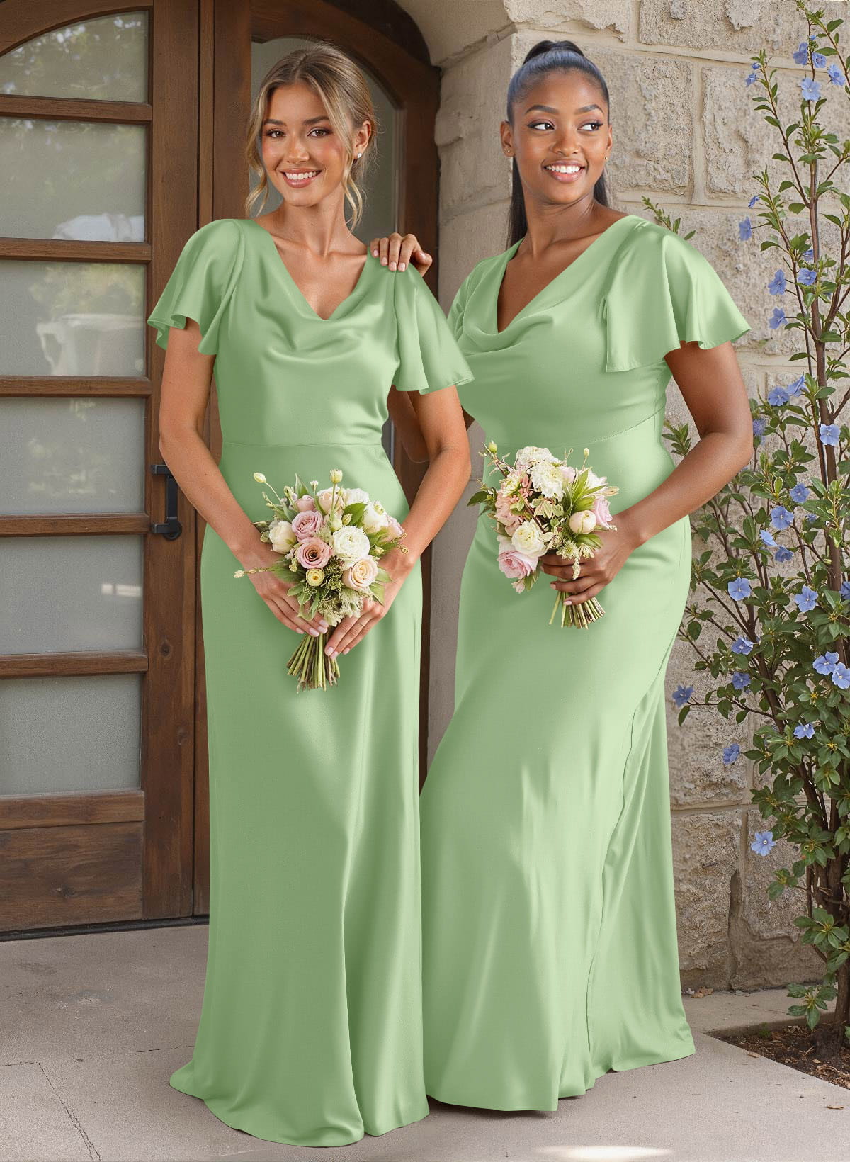 Elegant Cowl Neck Short Sleeves Floor-Length Stretch Satin Bridesmaid Dresses, image 8
