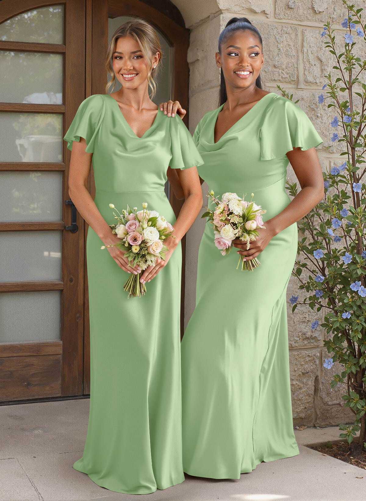 Elegant Cowl Neck Short Sleeves Floor-Length Stretch Satin Bridesmaid Dresses, image 8