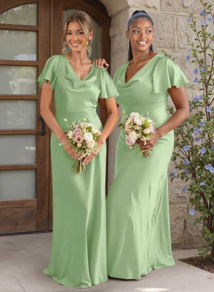Elegant Cowl Neck Short Sleeves Floor-Length Stretch Satin Bridesmaid Dresses
