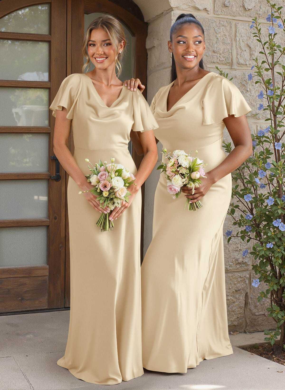 Elegant Cowl Neck Short Sleeves Floor-Length Stretch Satin Bridesmaid Dresses, image 9