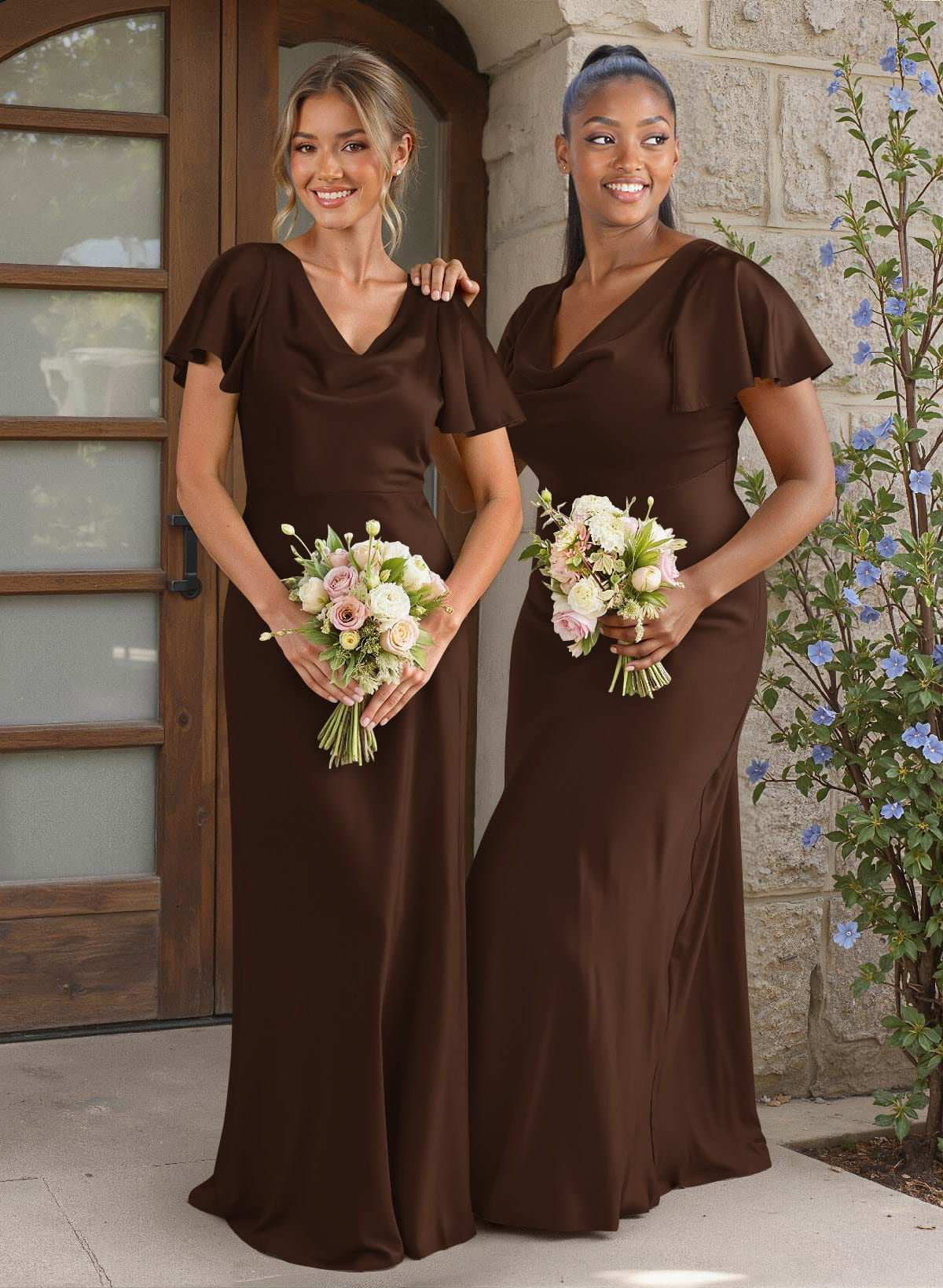 Elegant Cowl Neck Short Sleeves Floor-Length Stretch Satin Bridesmaid Dresses, image 10