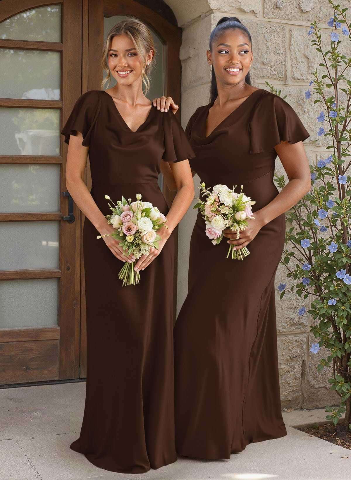 Elegant Cowl Neck Short Sleeves Floor-Length Stretch Satin Bridesmaid Dresses, image 10
