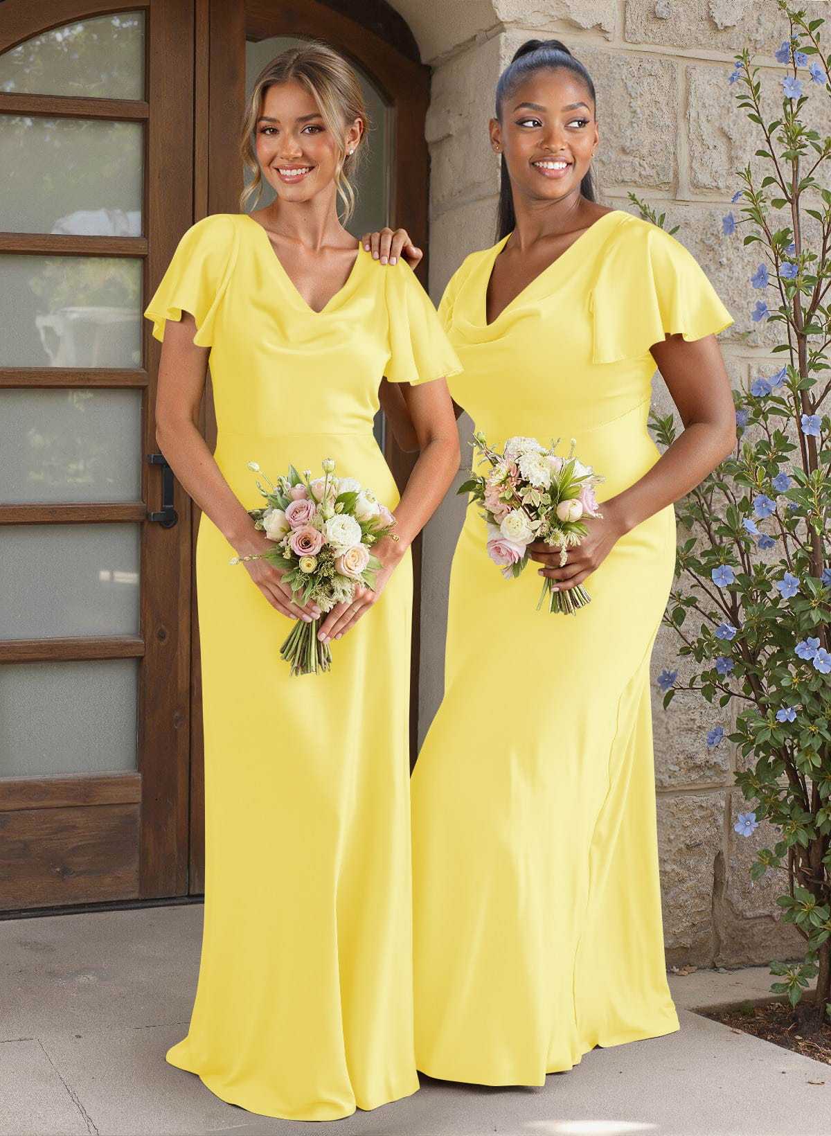 Elegant Cowl Neck Short Sleeves Floor-Length Stretch Satin Bridesmaid Dresses, image 11