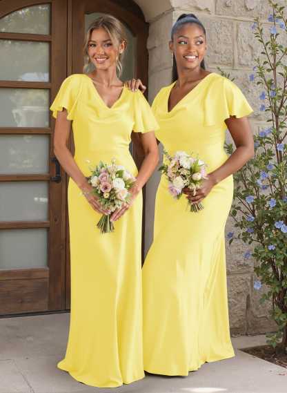 Elegant Cowl Neck Short Sleeves Floor-Length Stretch Satin Bridesmaid Dresses