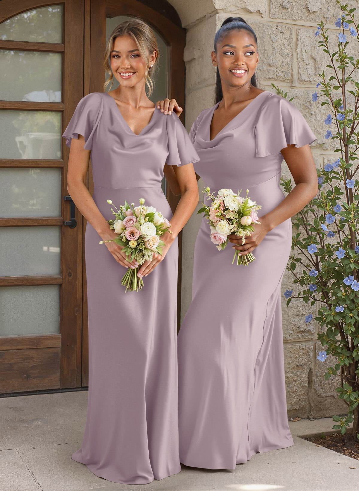 Elegant Cowl Neck Short Sleeves Floor-Length Stretch Satin Bridesmaid Dresses, image 14