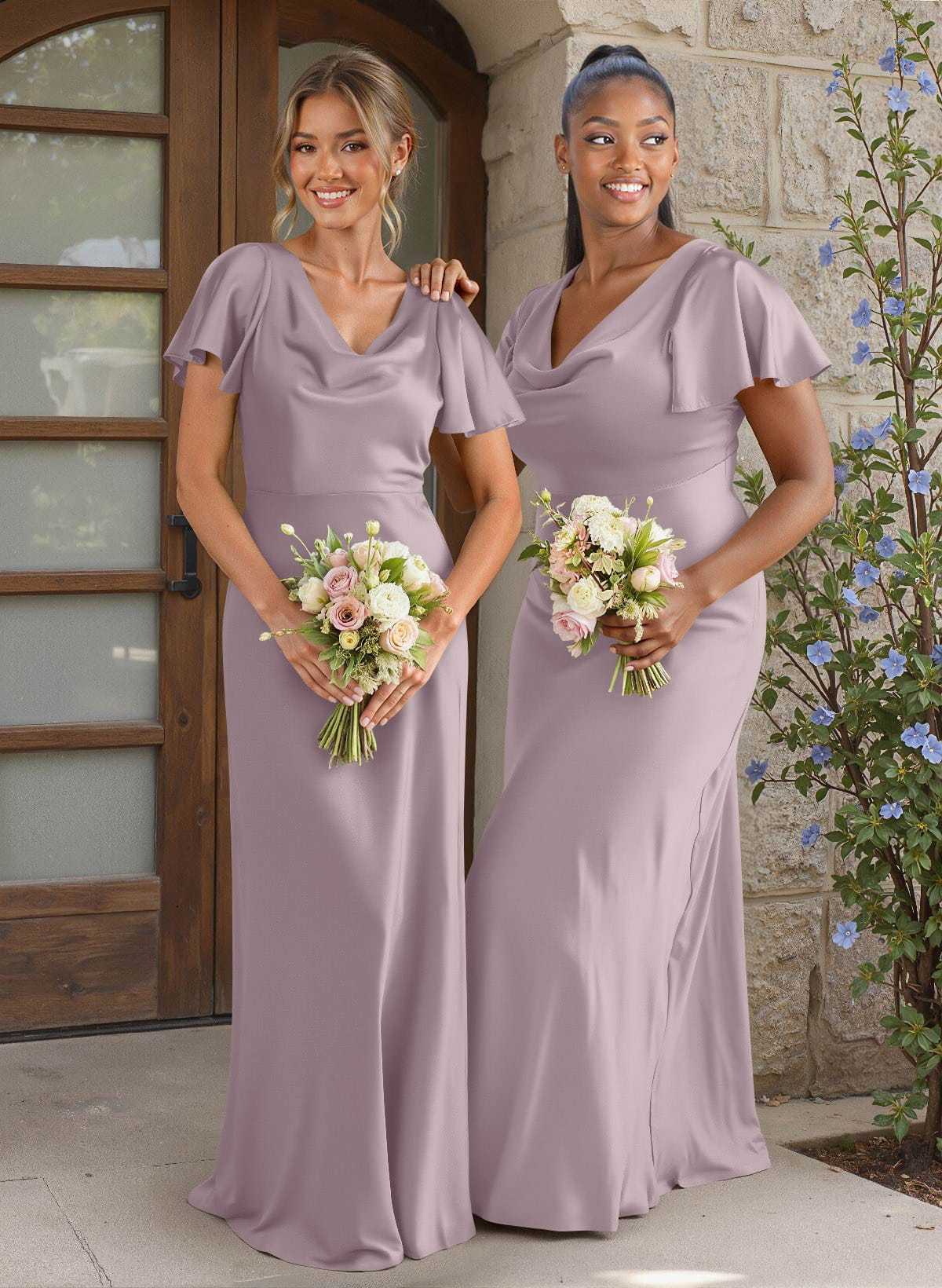 Elegant Cowl Neck Short Sleeves Floor-Length Stretch Satin Bridesmaid Dresses, image 14