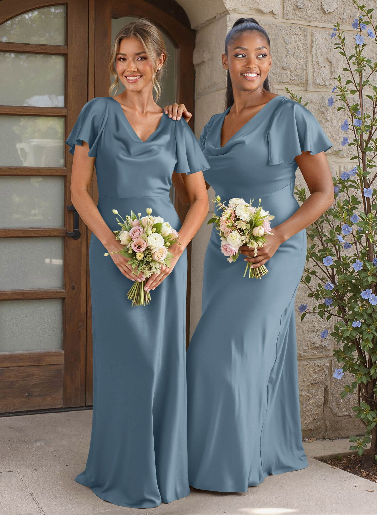 Elegant Cowl Neck Short Sleeves Floor-Length Stretch Satin Bridesmaid Dresses, image 15