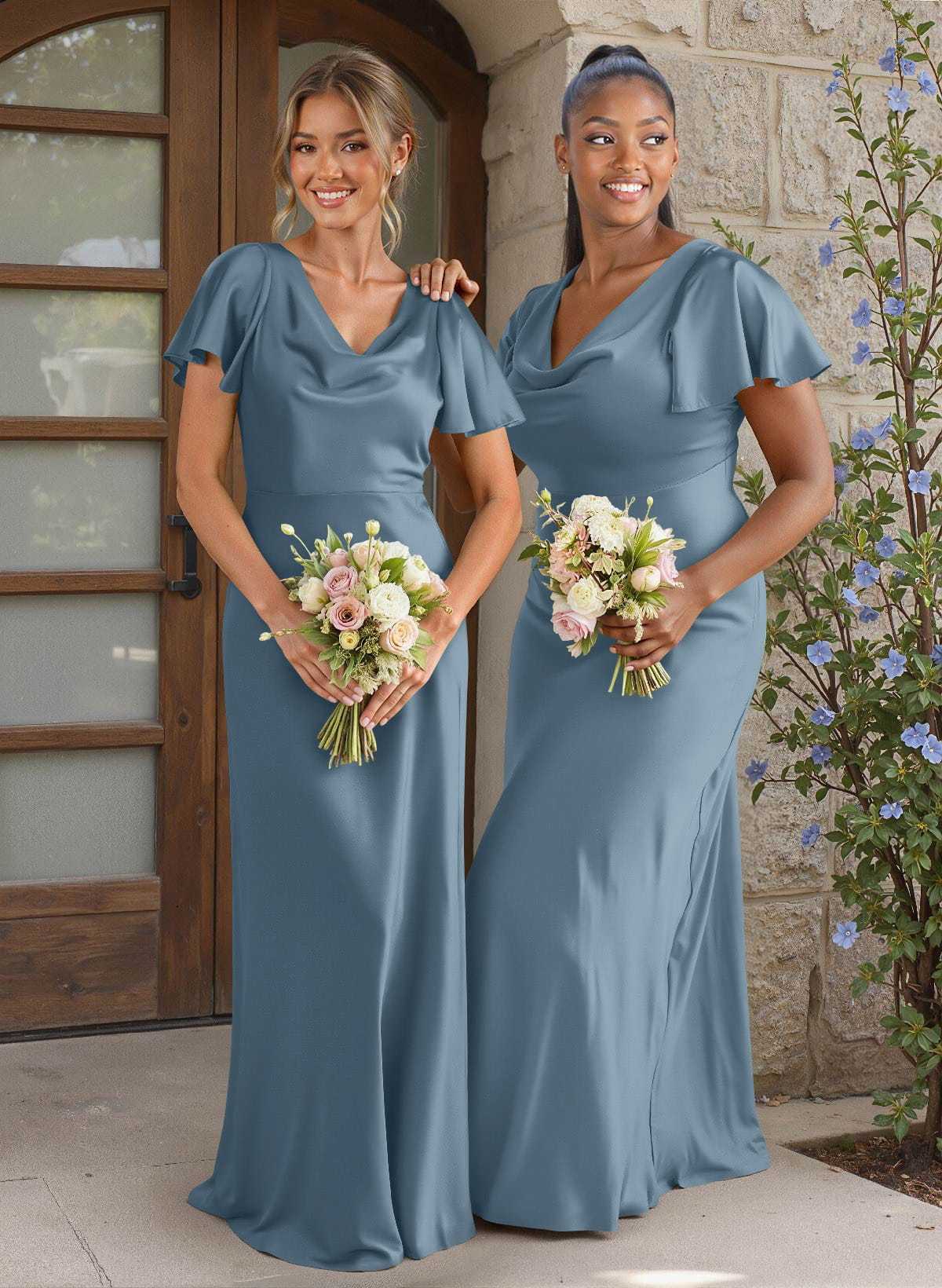 Elegant Cowl Neck Short Sleeves Floor-Length Stretch Satin Bridesmaid Dresses, image 15