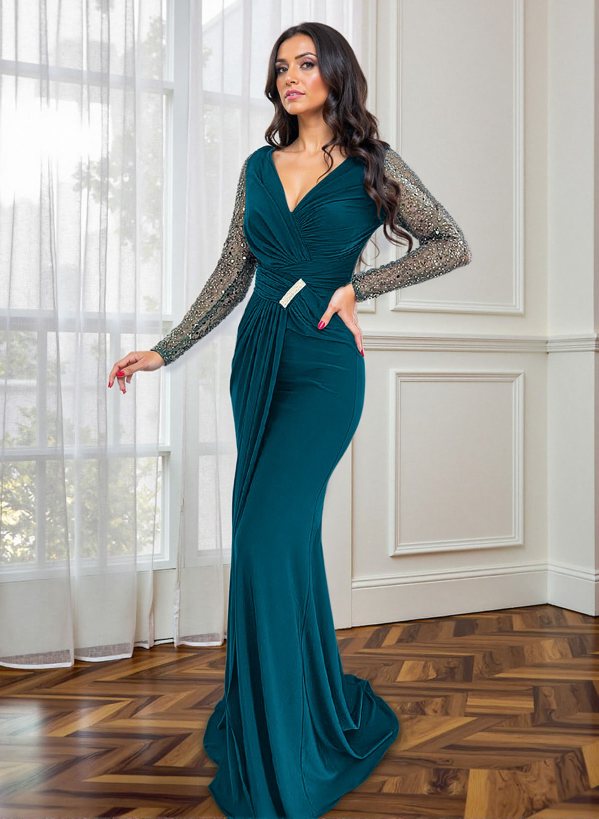 Sheath/Column V-Neck Stretch Satin Mother Of The Bride Dresses With Split Front
