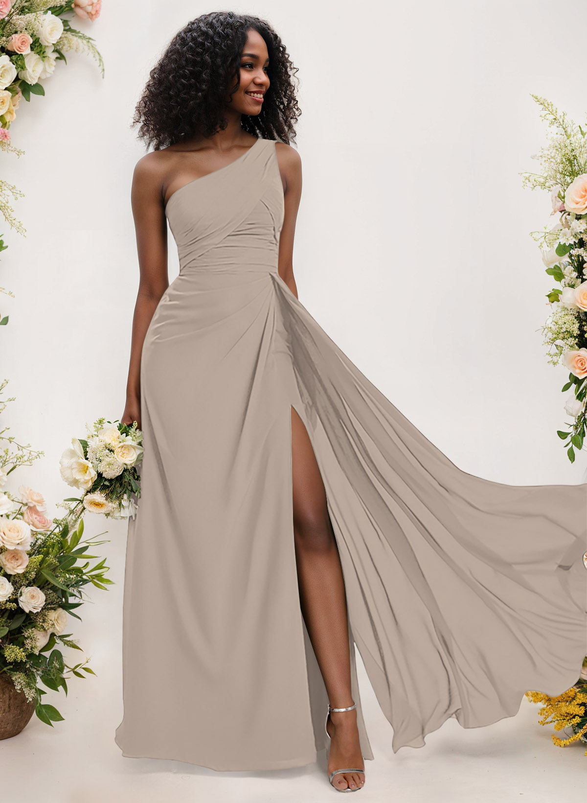 A-Line One-Shoulder Sleeveless Chiffon Bridesmaid Dresses With High Split, product image 181