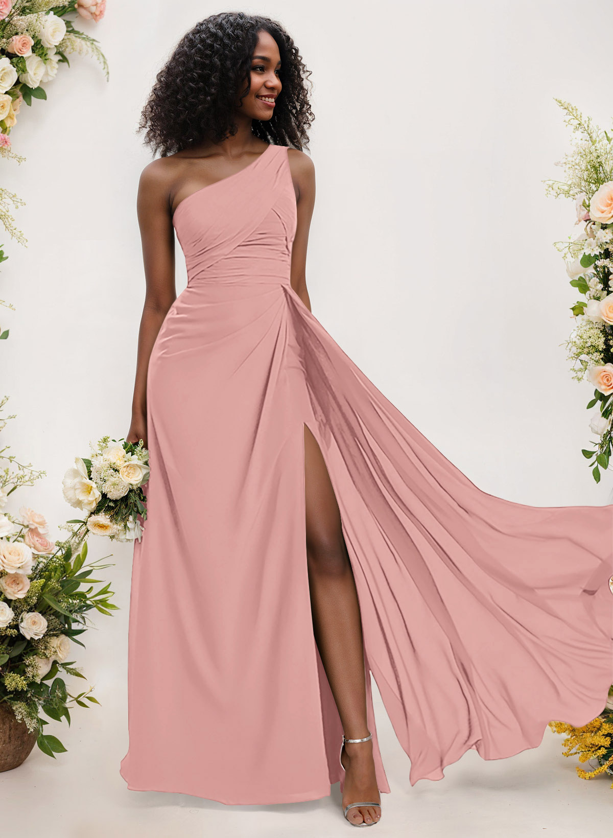 A-Line One-Shoulder Sleeveless Chiffon Bridesmaid Dresses With High Split, product image 67