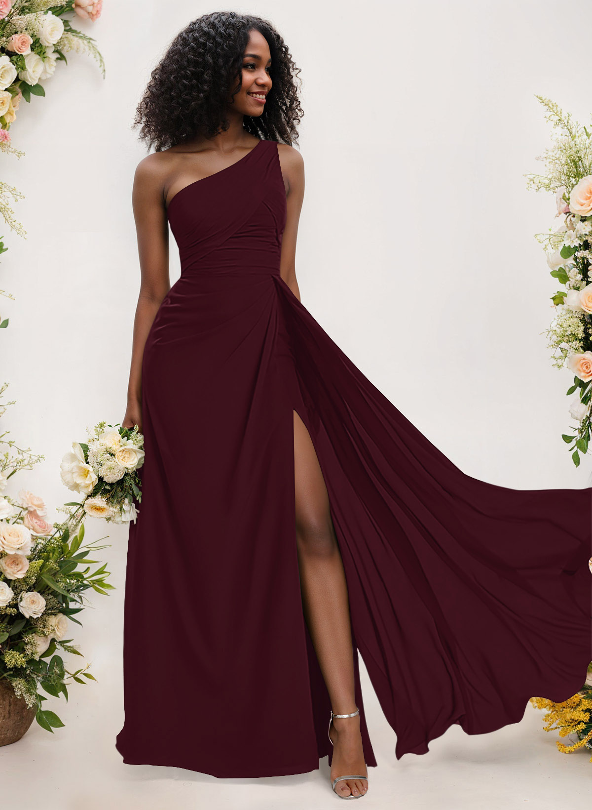 A-Line One-Shoulder Sleeveless Chiffon Bridesmaid Dresses With High Split, product image 43