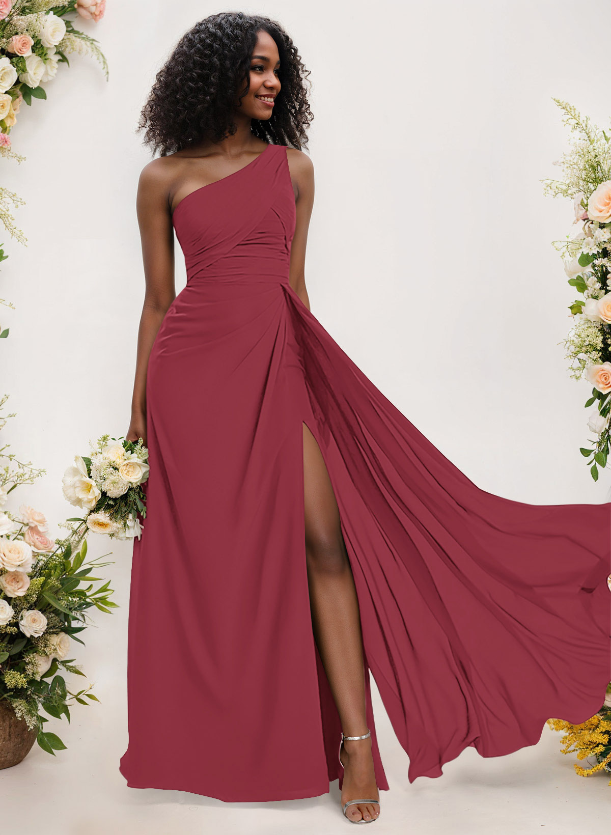 A-Line One-Shoulder Sleeveless Chiffon Bridesmaid Dresses With High Split, product image 46