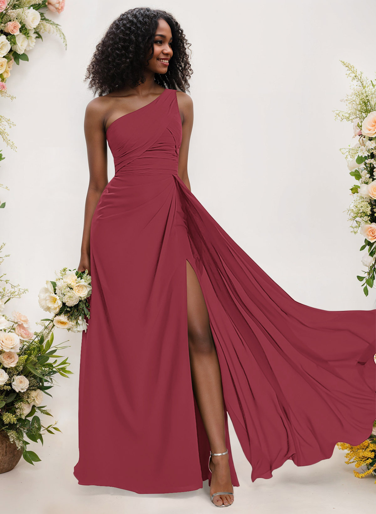 A-Line One-Shoulder Sleeveless Chiffon Bridesmaid Dresses With High Split, product image 46