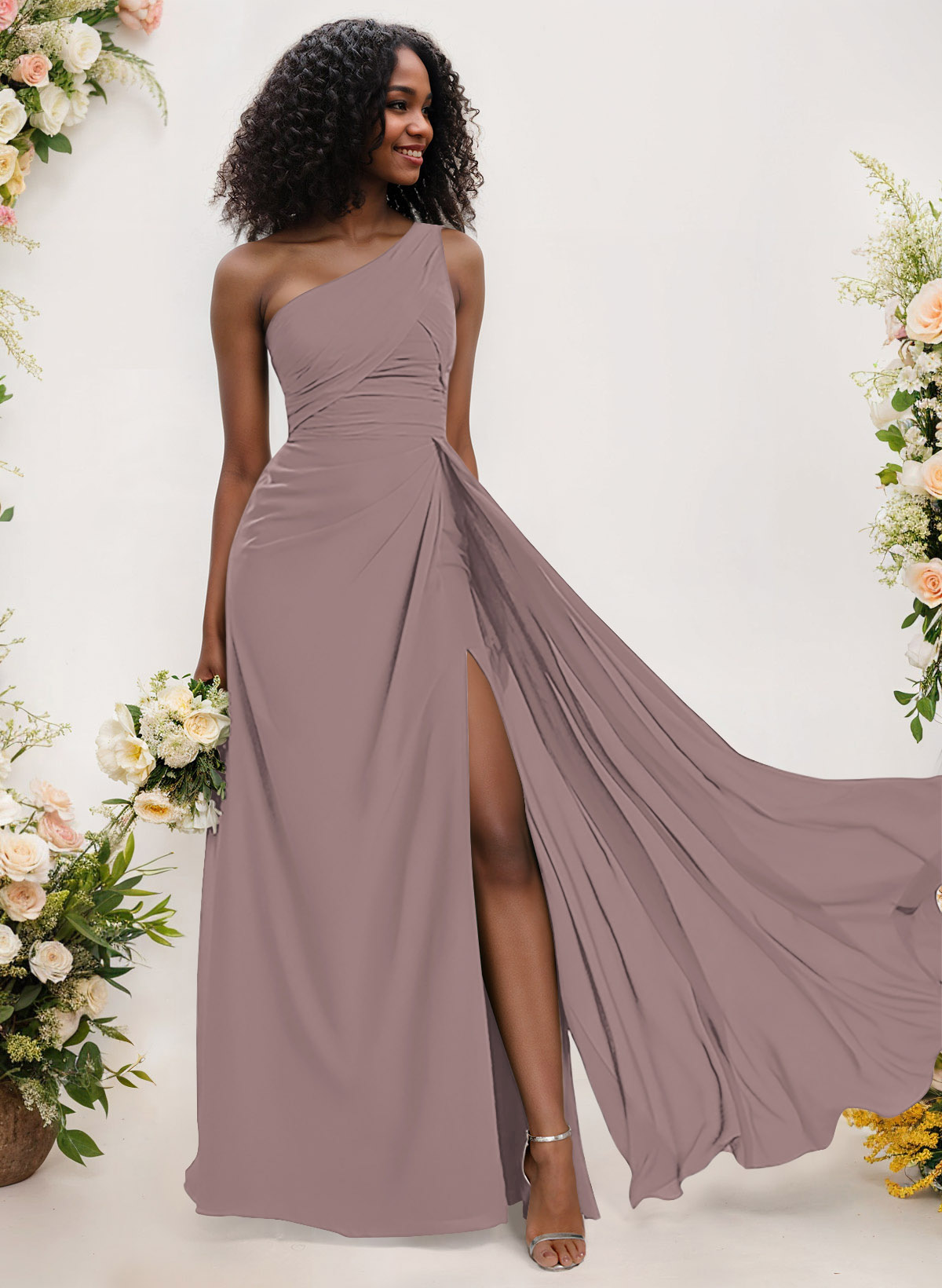 A-Line One-Shoulder Sleeveless Chiffon Bridesmaid Dresses With High Split, product image 82
