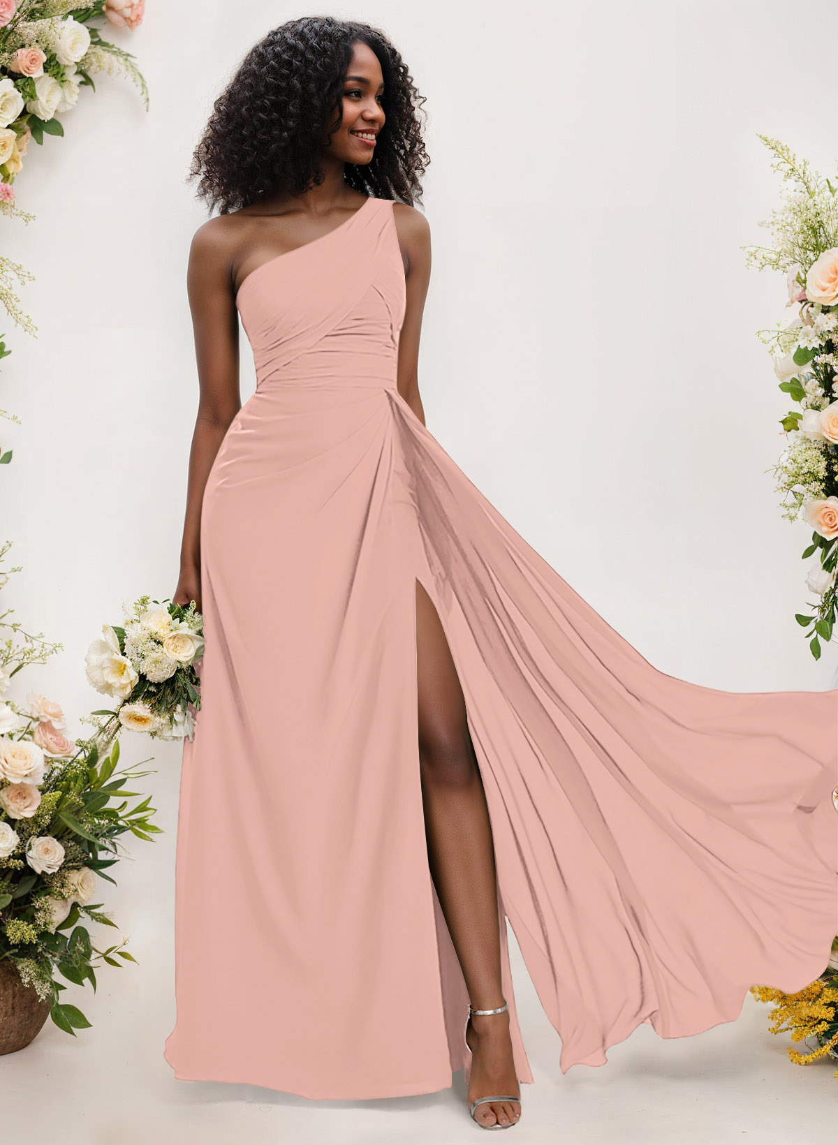 A-Line One-Shoulder Sleeveless Chiffon Bridesmaid Dresses With High Split, product image 61