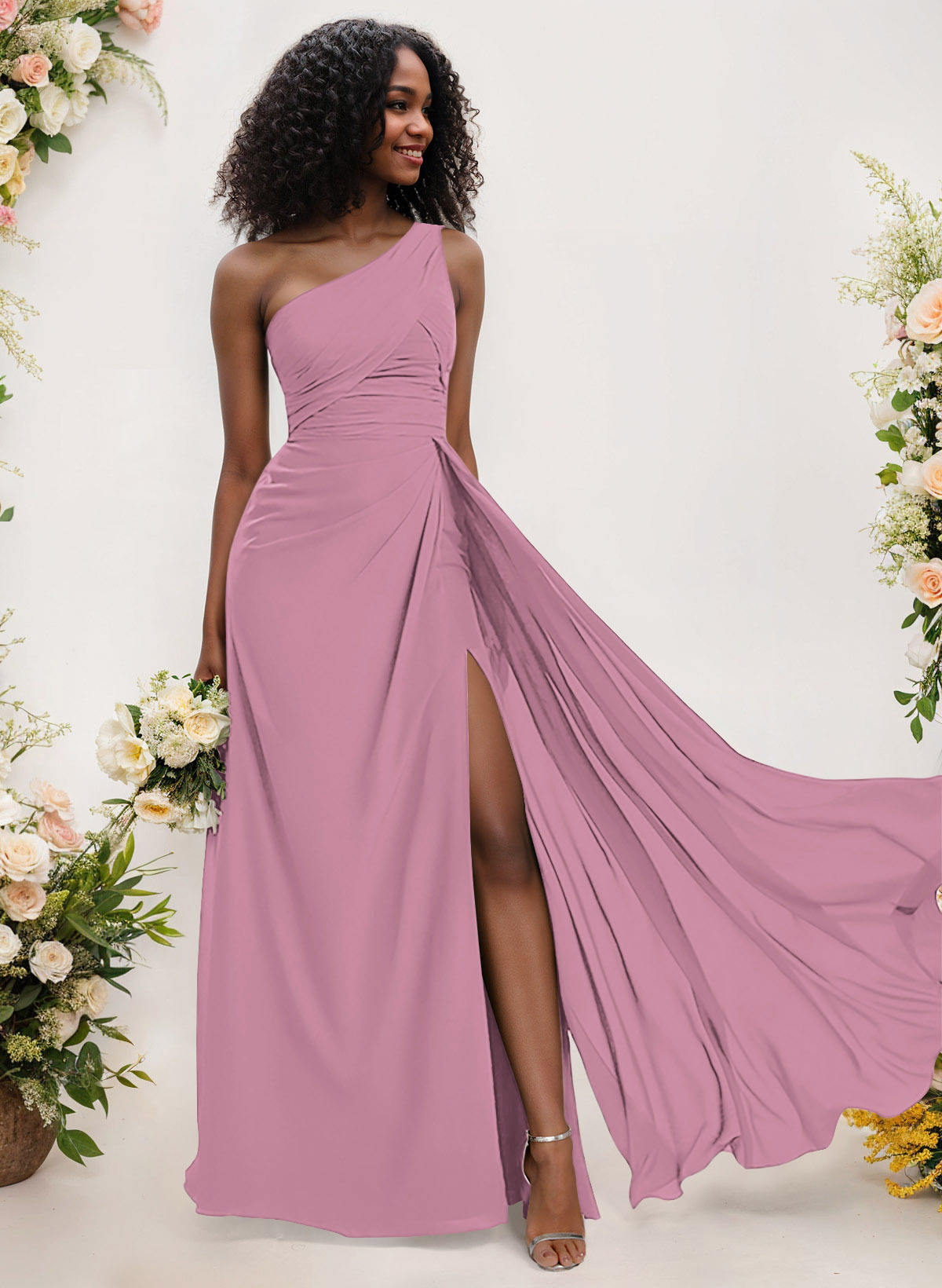 A-Line One-Shoulder Sleeveless Chiffon Bridesmaid Dresses With High Split, product image 91