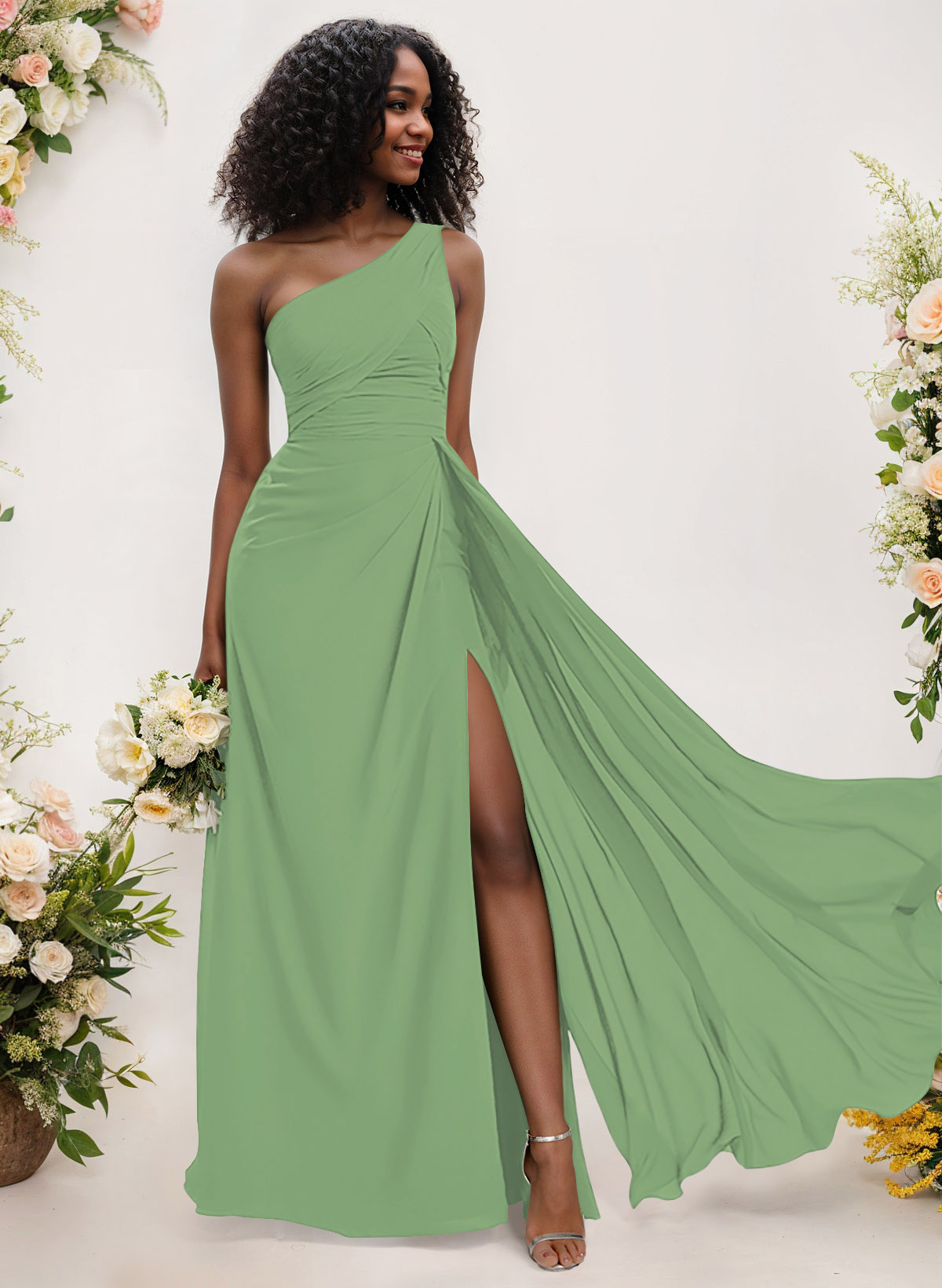 A-Line One-Shoulder Sleeveless Chiffon Bridesmaid Dresses With High Split, product image 196