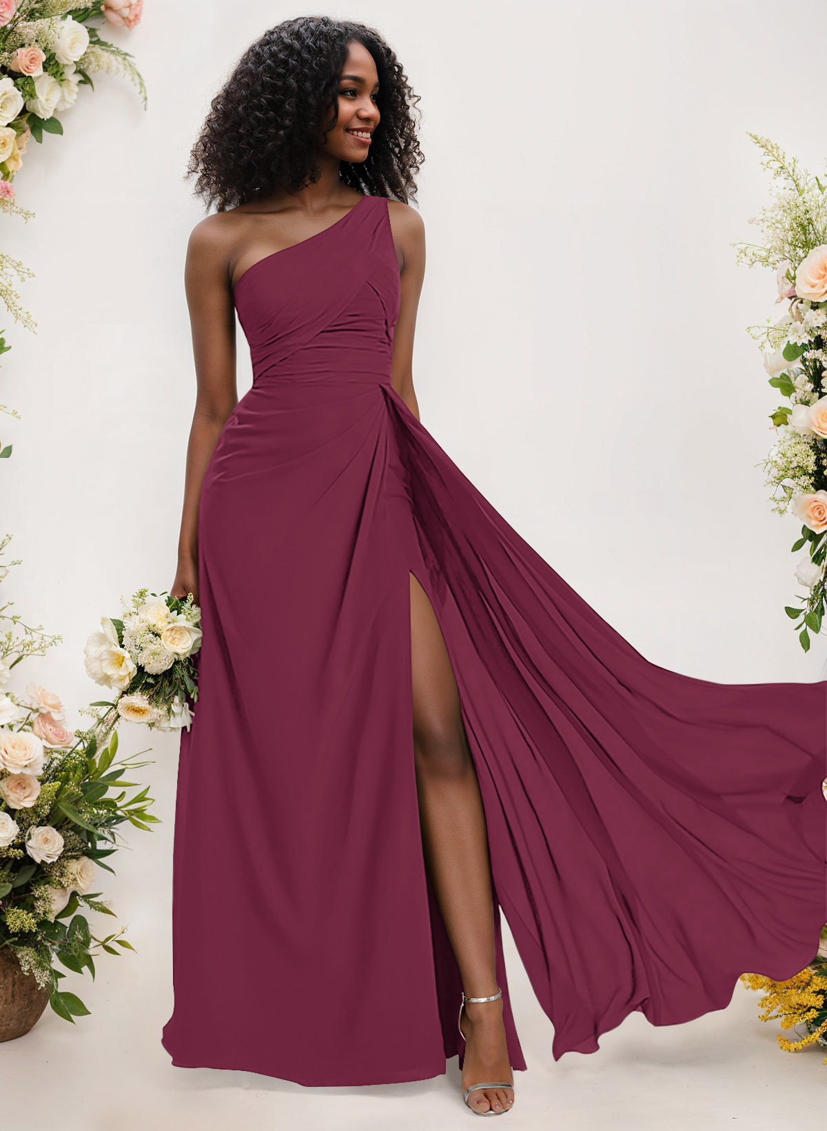 A-Line One-Shoulder Sleeveless Chiffon Bridesmaid Dresses With High Split, product image 49