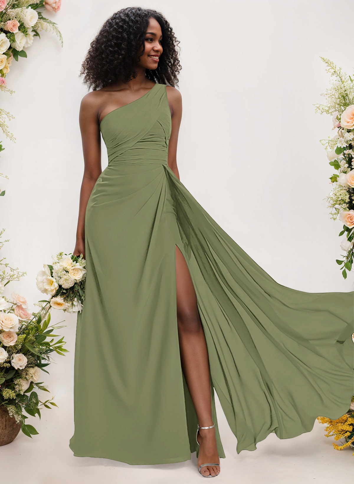 A-Line One-Shoulder Sleeveless Chiffon Bridesmaid Dresses With High Split, product image 178