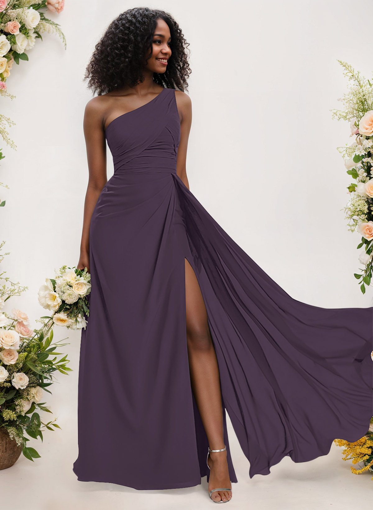 A-Line One-Shoulder Sleeveless Chiffon Bridesmaid Dresses With High Split, product image 103