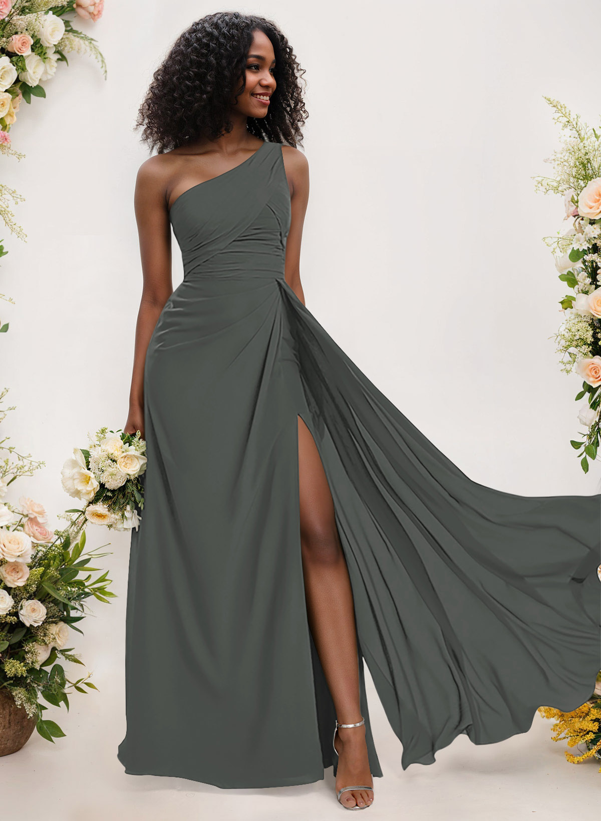 A-Line One-Shoulder Sleeveless Chiffon Bridesmaid Dresses With High Split, product image 172