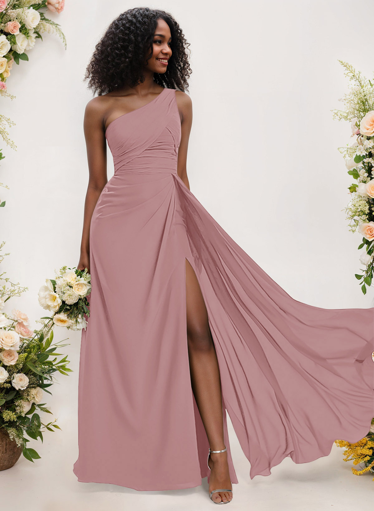 A-Line One-Shoulder Sleeveless Chiffon Bridesmaid Dresses With High Split, product image 88