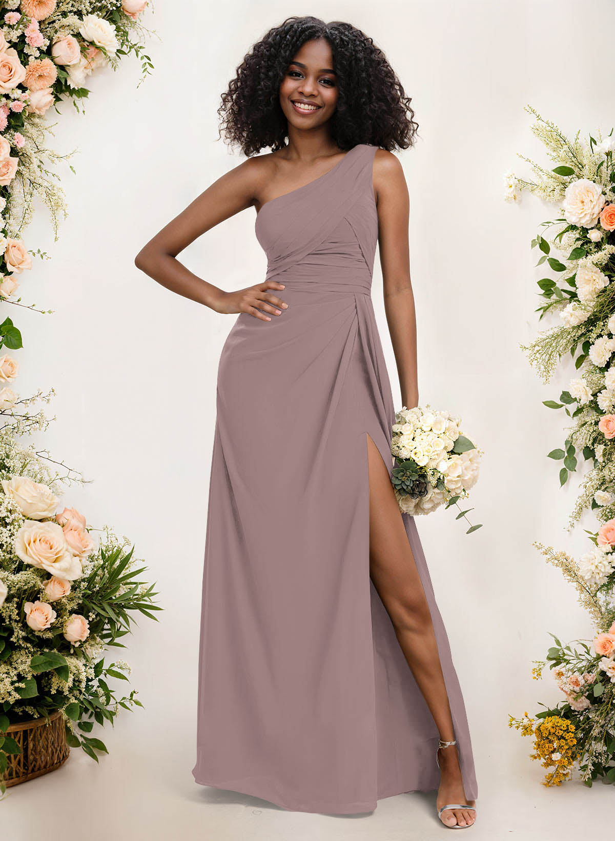 A-Line One-Shoulder Sleeveless Chiffon Bridesmaid Dresses With High Split, product image 83